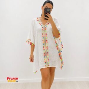 robe de plage blanche à pompons multicolores