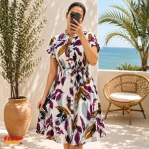 robe chemise fleurie blanche & prune avec ceinture