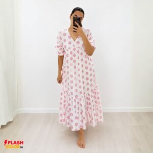 robe longue oversize blanche à imprimé rose