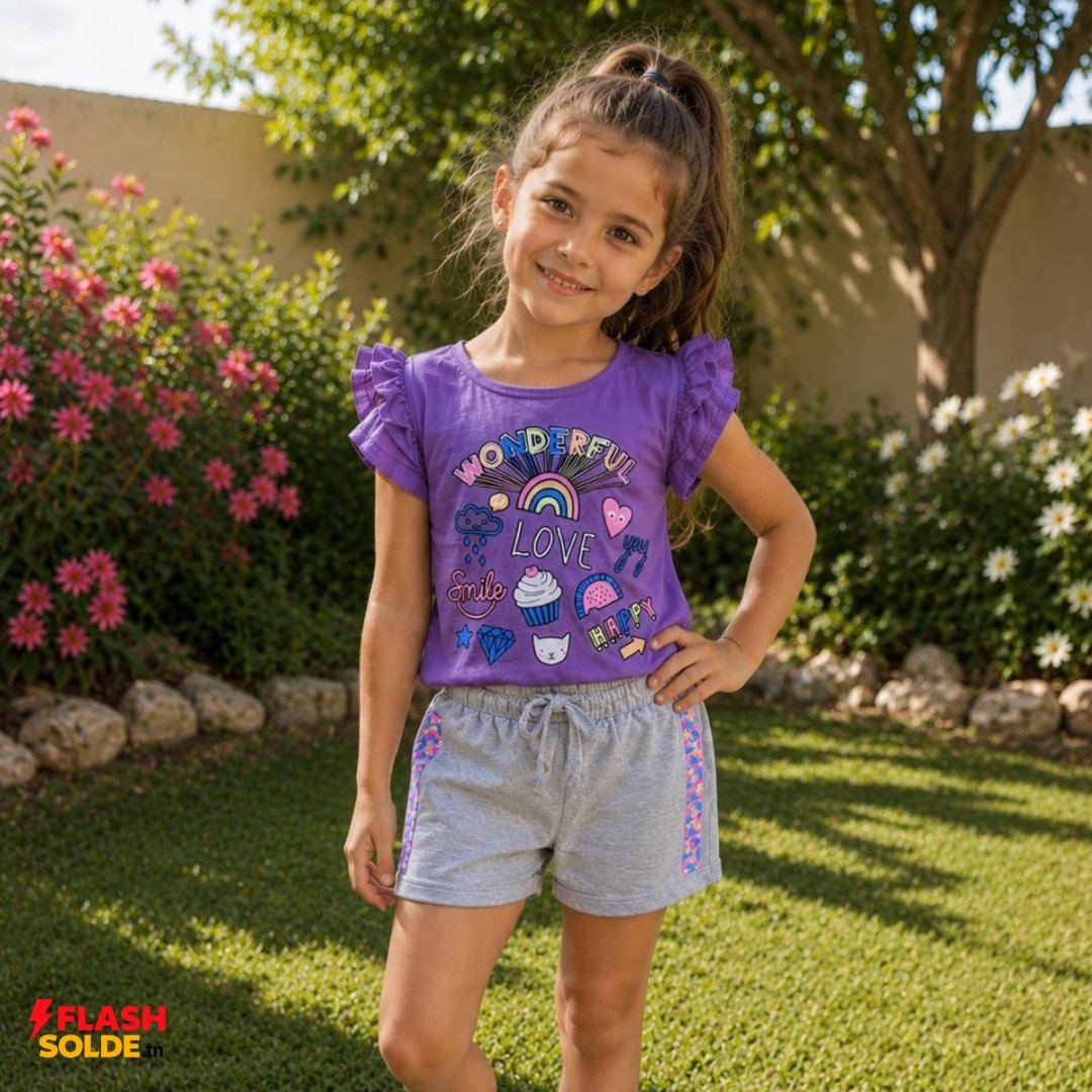 Ensemble Fille Wonderful Love – T-shirt à Volants et Short