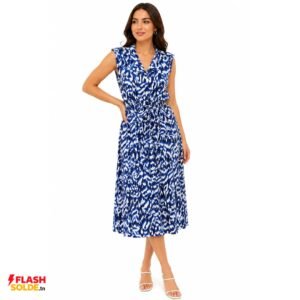 robe midi femme imprimée bleu & blanc avec ceinture à nouer